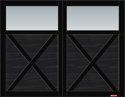 Princeton P-21 garage door, 9’ x 7’, Black door and overlays, Clear Panoramic windows